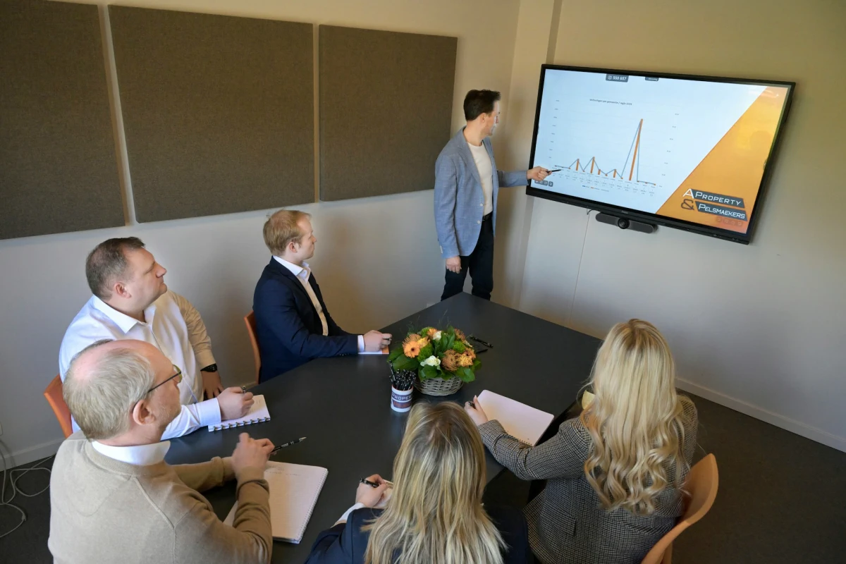 A presenter walking a team through a chart on a wall screen